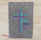 Gotteslobhülle in Dunkelgrau meliert, Kreuze, Fische